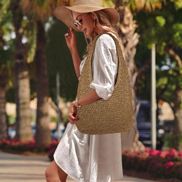 Women's Brown Large Straw Beach Bag Handmade Woven Shoulder Hobo Tote Handbag - Picture 5 of 5